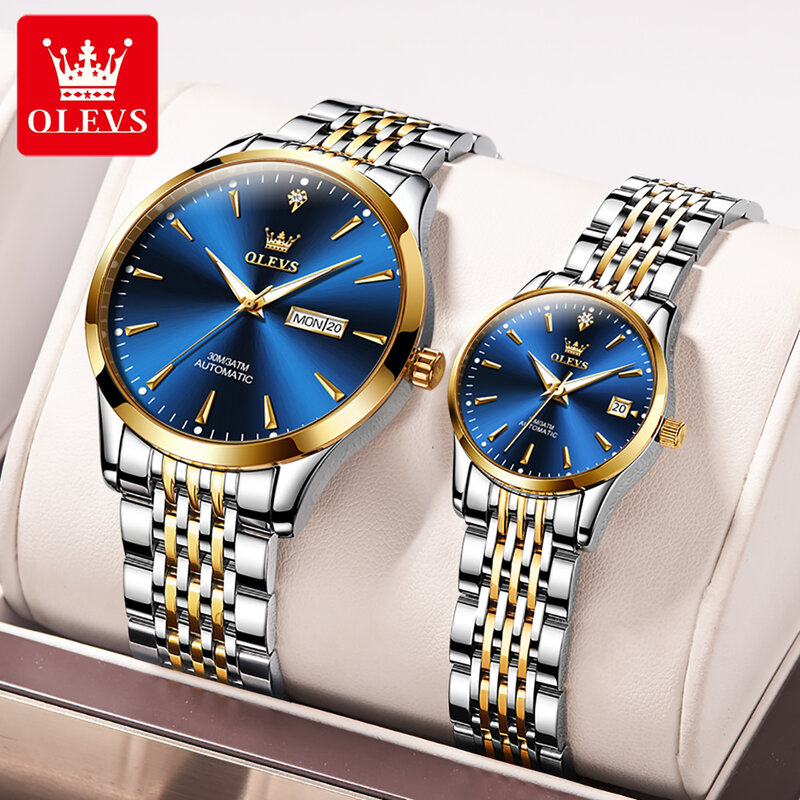 OLEVS New Luxury Couple Mechanical Watch Stainless Steel Strap Waterproof Week Calendar Luminous Fashion Casual Automatic Watch