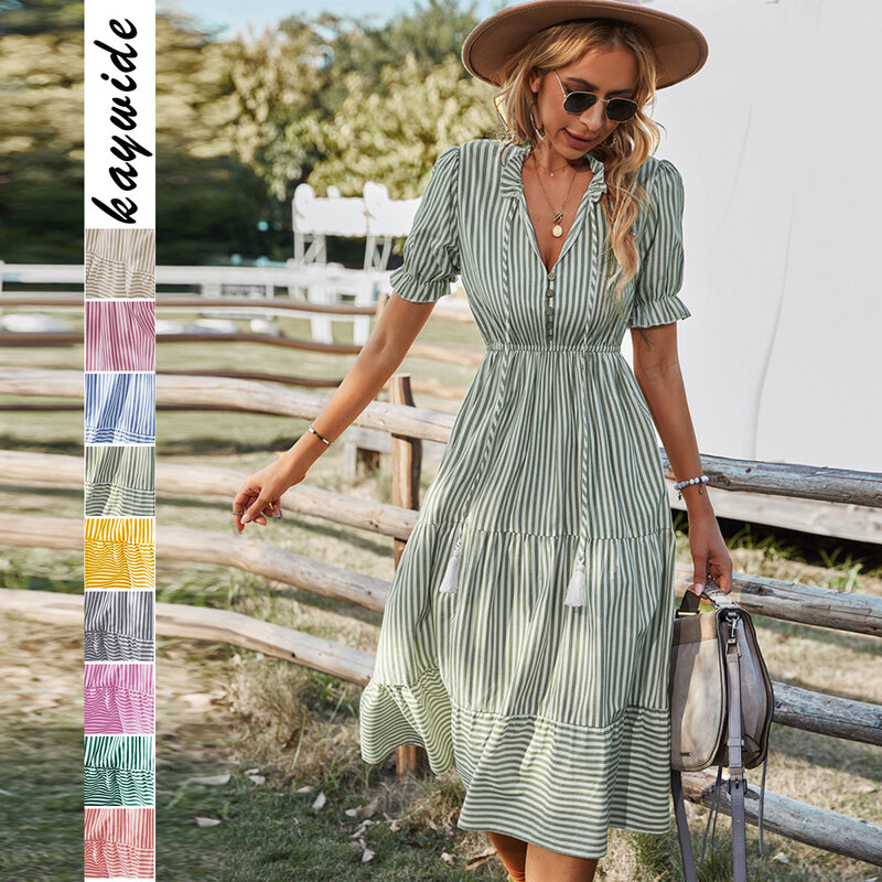 Hochwertiges modisches Damen kleid 2024 Sommer gestreiftes Kleid Temperament V-Ausschnitt gekräuselte Kante elegantes Kleid Vestidos Vintage
