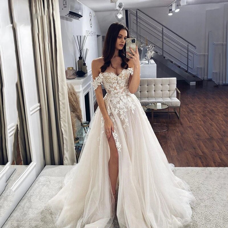 Gaun pernikahan lengkap bahu terbuka Boho mewah gaun pengantin cantik renda Sweetheart korset belahan samping tanpa lengan baru 2023