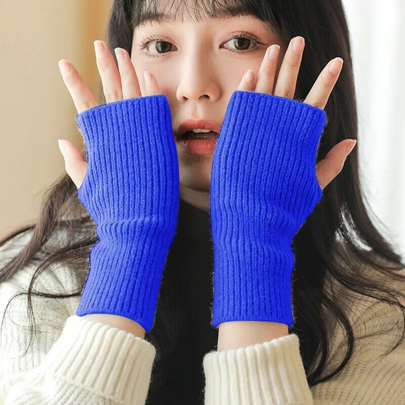 y2k Women Arm Warmers Japanese Harajuku Solid Color Sleeves Goth Knitted Fingerless Gloves Wrist Sleeves Girls Anime Gloves