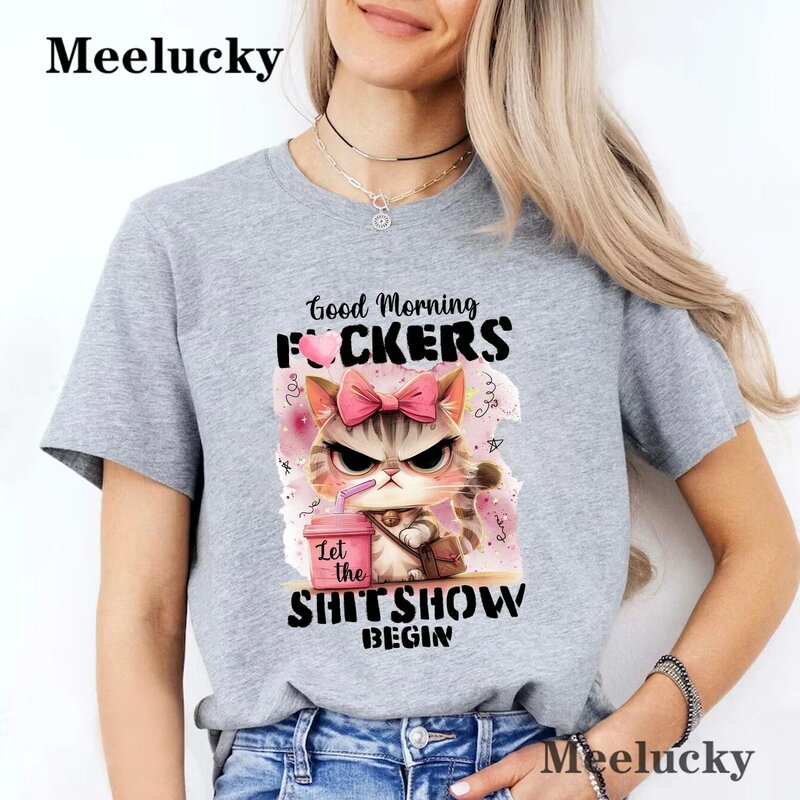 Humor Animal Quotes Neck Crop top Cat Print T shirt Leisure Pure Cotton Summer Short Sleeve