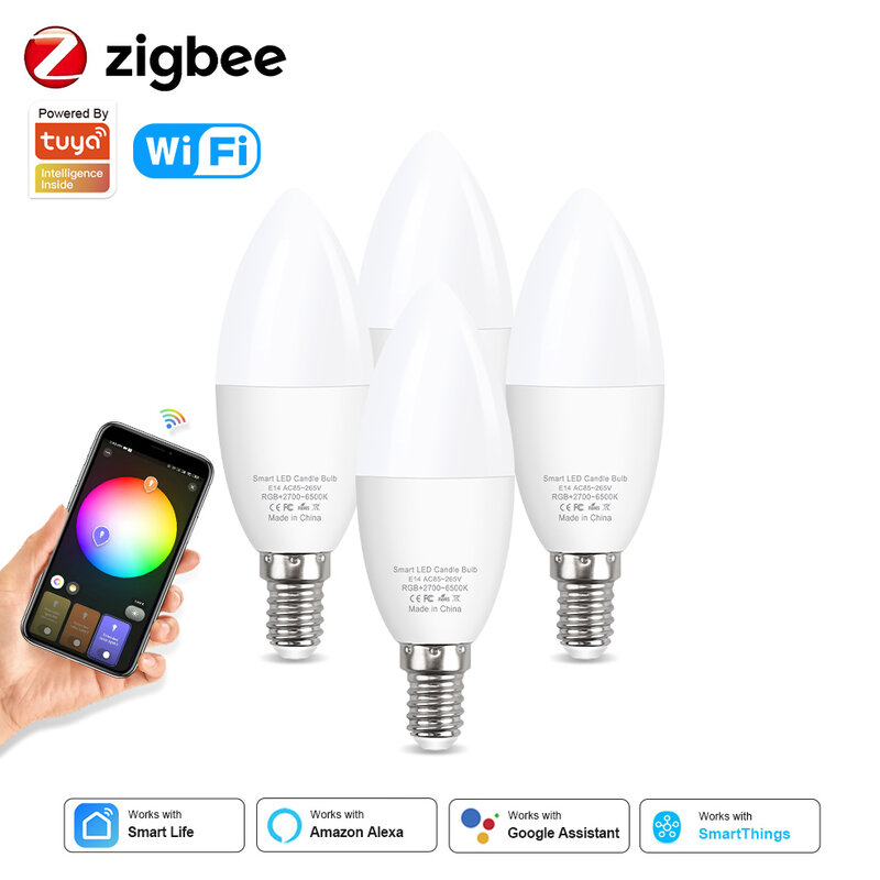 Bombilla Led inteligente E14 Tuya Zigbee, 5W, 7W, RGB + CW + WW, WiFi, lámpara de vela E14, funciona con Smart Life /Alexa/Asistente de Google