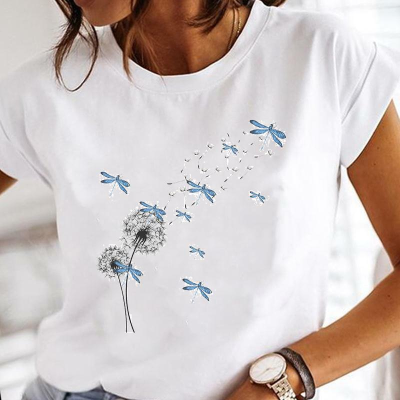 Pakaian Cetak Wanita T-Shirt Atasan Wanita Cinta Capung Cat Air Dandelion T-Shirt Grafis Wanita Kartun Print Mode