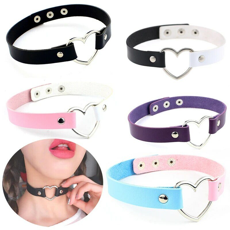 Sexy Women PU Leather Chain Heart Pendant Necklaces  Jewelry Gift Harajuku Women Punk Choker Necklace Cosplay Body Accessories