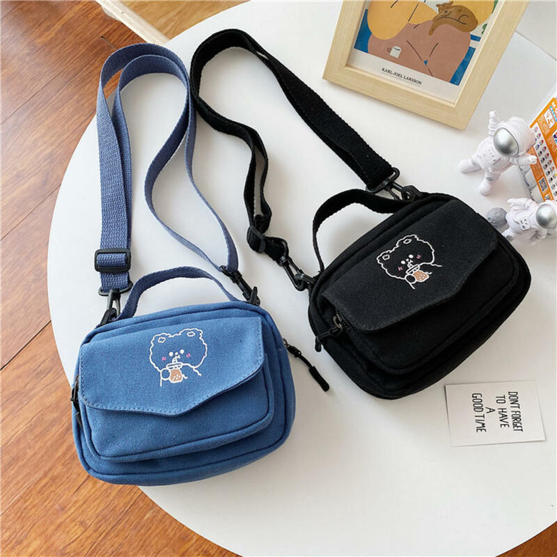 Canvas Women Phone Bag Cartoon Bear Head Printed Shoulder Messenger Bag Hit Color Flap Purse Casual Handbag Female Shopping Bags