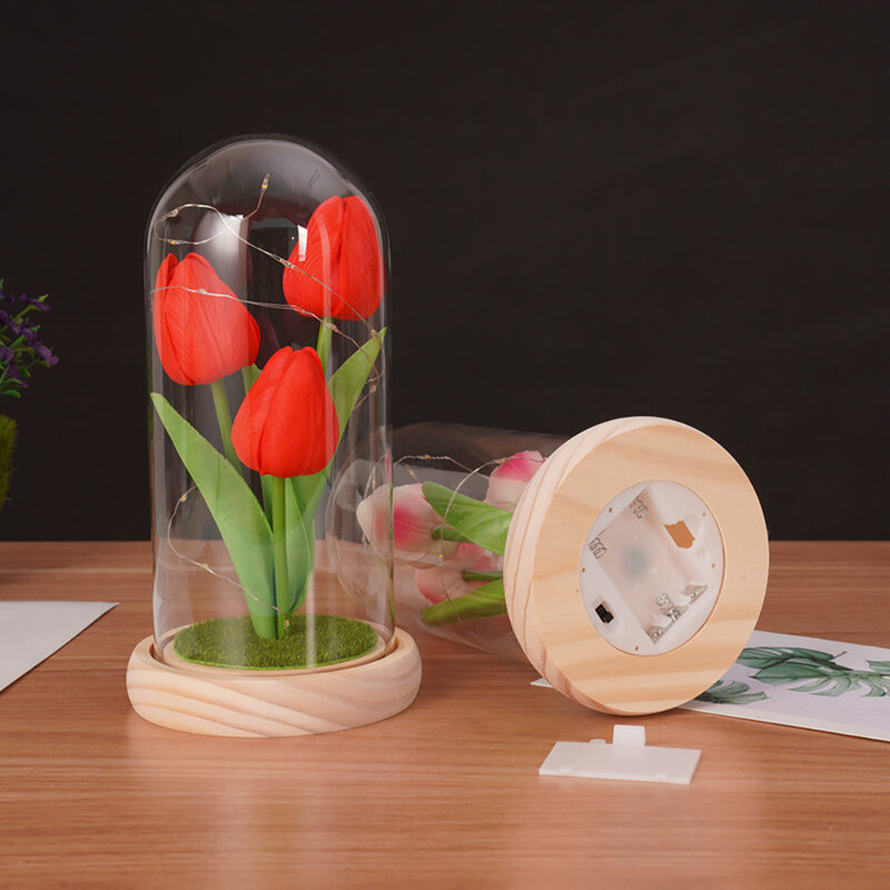 Tulipán de simulación de PU para novia, regalo de luz nocturna con cubierta de vidrio, decoración creativa, regalo del Día de San Valentín