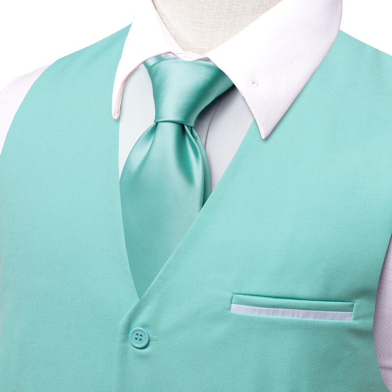 Hi-Tie Mint Green Men's Silk Vest, Silm Fit, Casamento Sólido Colete Gravata, Hanky Cufflinks Set, Business Party Designer Presentes