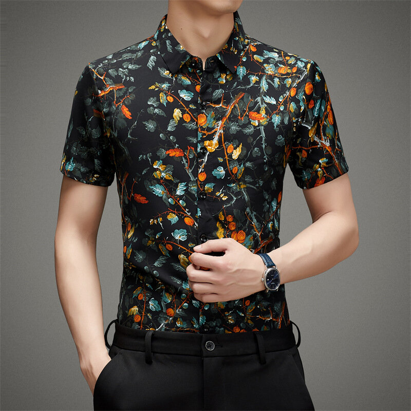 Camisa floral vintage casual com estampa masculina, manga curta, cuidado fácil, macia, confortável, grande, 4XL, verão