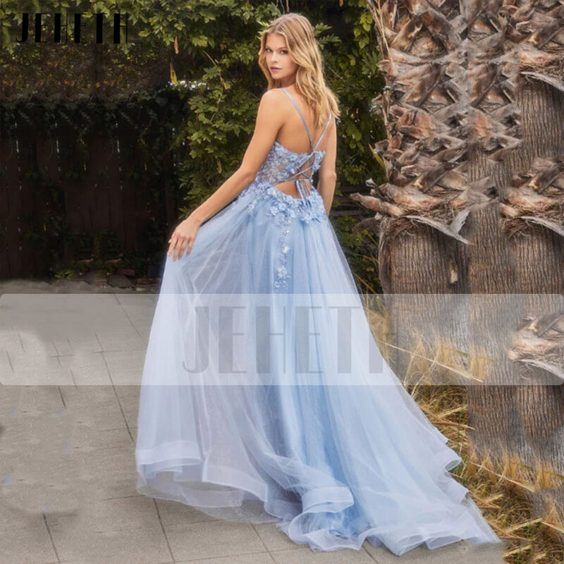 JEHETH Blue Gorgeous Fairy Flowers Tulle Prom Dress Dreamy Spaghetti Straps scollo A v A Line Graduation Backless Evening Party Gown