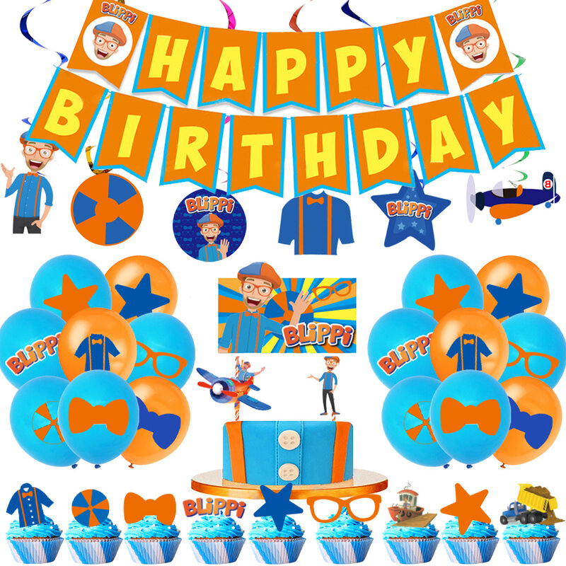 Decoración de fiesta de cumpleaños temática Blippiing, vajilla desechable para fiesta, vasos, platos, globos para niños, suministros para fiesta de Baby Shower