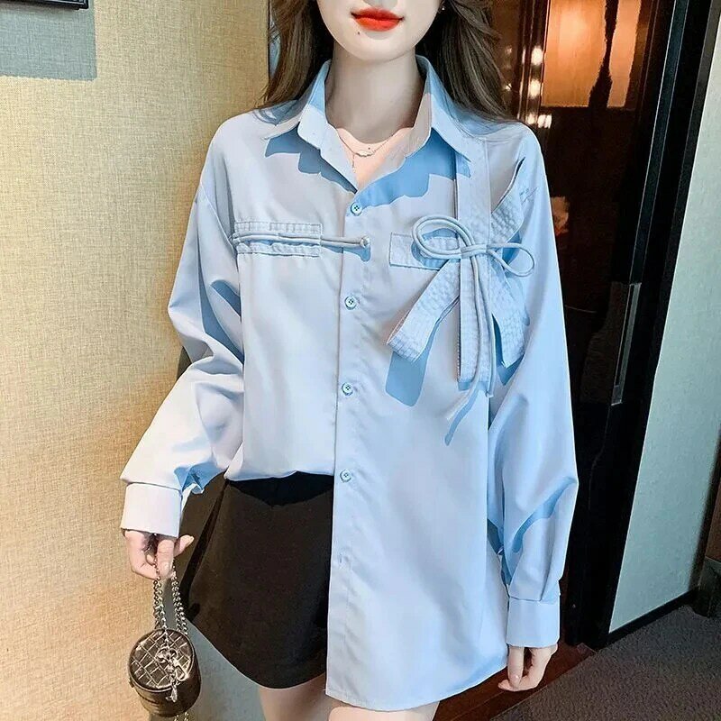 Gidyq เสื้อโบว์สีน้ำเงินเก๋ๆสำหรับผู้หญิง, เสื้อหวานๆแฟชั่น Y2K แขนยาวบางสไตล์เกาหลีเข้ากับเข้ากับชุดทำงานแบบฮาราจูกุ