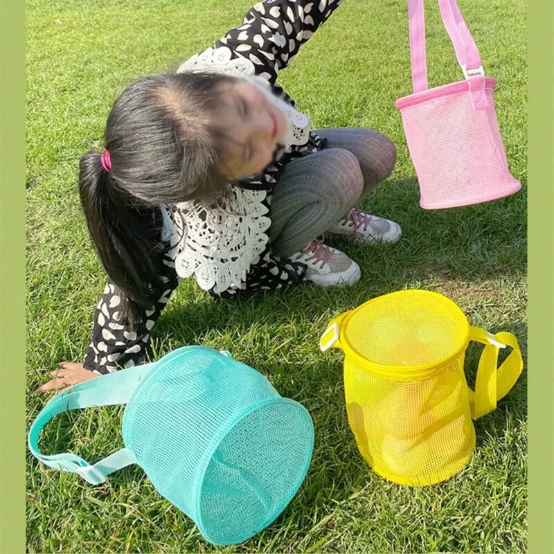 Mesh Beach Bag Outdoor Beach Mesh Bag Storage Pouch Zipper Net Backpack Round Bucket Swim Sand Toys