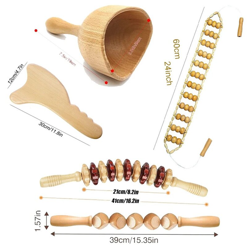 Herramienta de masaje de terapia de madera de 5 piezas, rodillo masajeador de Fascia de madera, kit de masaje para celulitis, chorro muscular, dolor muscular de cuerpo completo