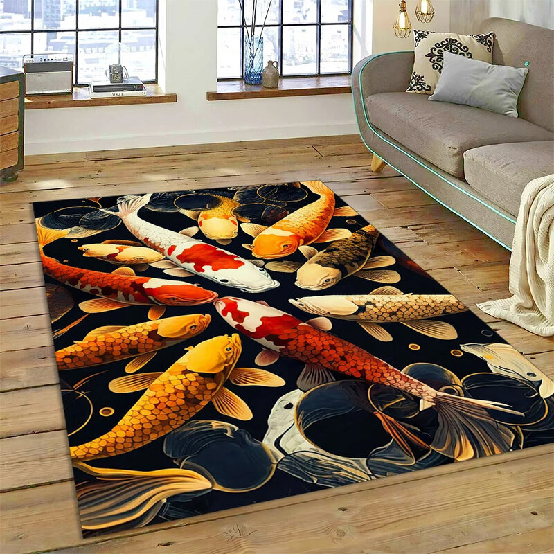 Tapete antiderrapante de carpa koi natural, tapete de desenho animado de peixe yin yang, tapete floral para sala de estar, quarto, sofá, decoração de capacho