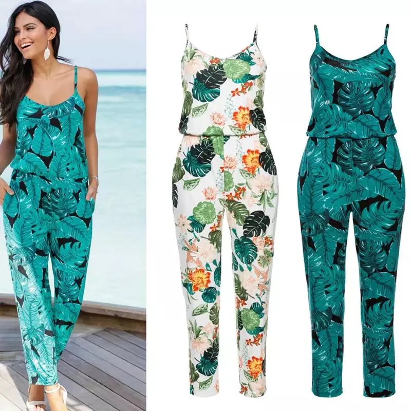 2024 New Fashionable Beach Casual Women Jumpsuits Sexy Slip Sleeveless Pocket Floral Print Overalls Female Pocket Jumpsuits