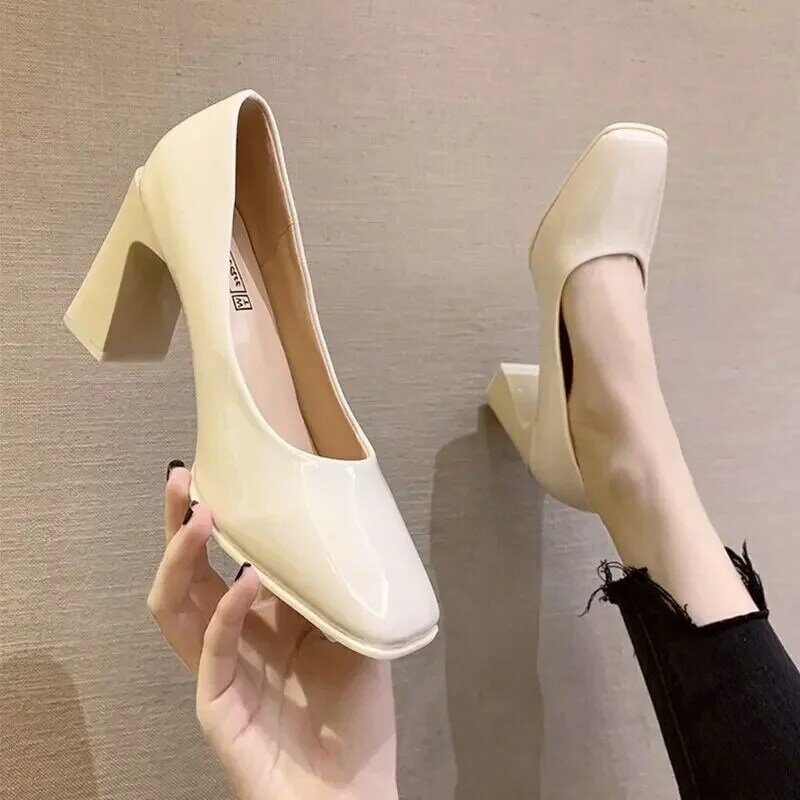 On Heeled Women's Shoes Ladies Footwear Square Toe High Heels Chunky Blue Normal Leather Casual Free Shipping and Low Price Y2k