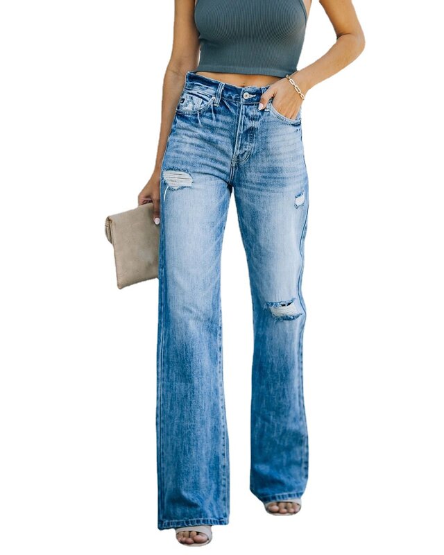 جينز أزرق مستقيم للنساء ، بنطلون جينز طويل ، بنطلون كاجوال فضفاض Y2K بخصر مرتفع ، ملابس الشارع للخريف والربيع