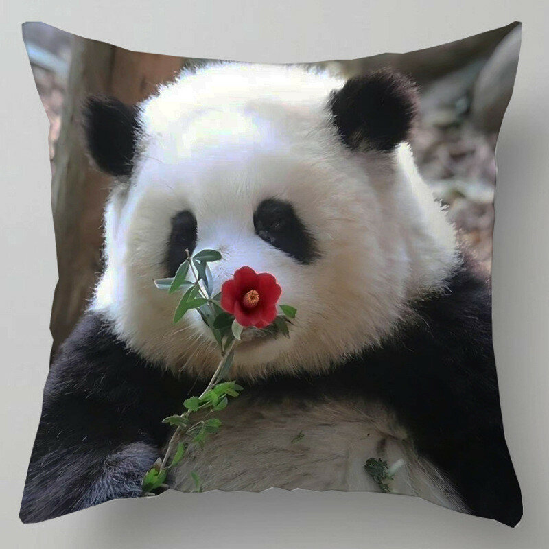 Funda de cojín con estampado de Panda para decoración del hogar, cubierta de almohada cuadrada de poliéster, 45x45cm