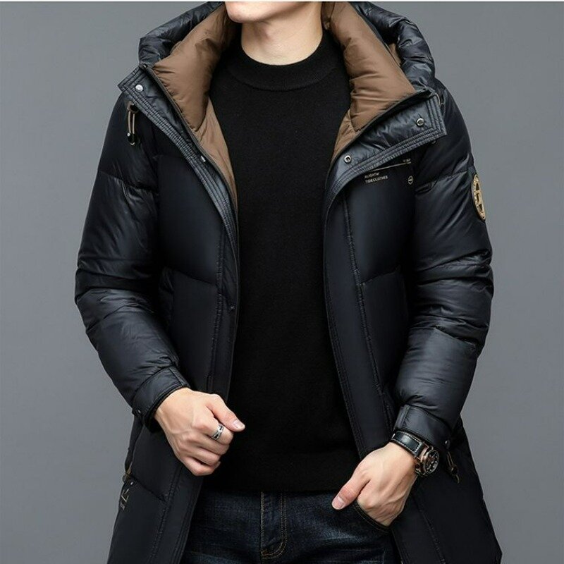 男性用の厚くて暖かいフード付きジャケット,黒,金,白,ダックダウン,ミッドレングス,若い,損傷した,新しい2023