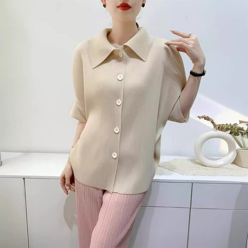 Miyake Pleated Lapel Button Up Short Sleeved Top for Women's Fashion,commuting Solid Color Shirt Spring 2024 Women's Clothing