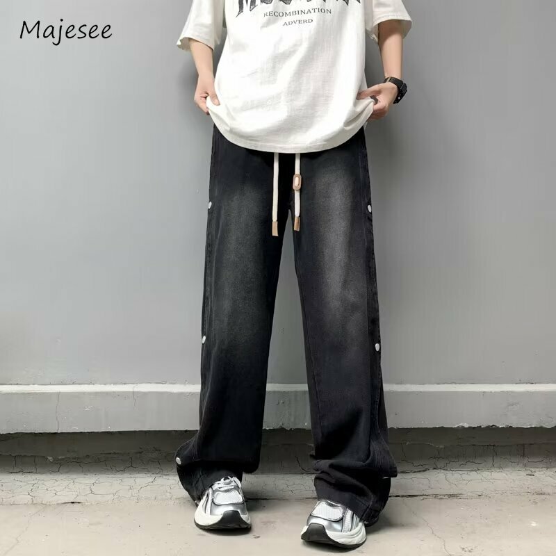 Jeans Men Fashion European Style Vintage Washed Loose Casual Daily Gradient Color Drawstring All-match Straight Trousers Simple