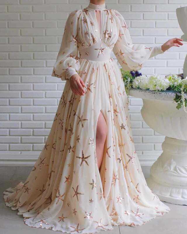 Женское длинное платье-туника с высоким воротником, белое элегантное платье-туника с блестками и высоким разрезом, Формальное длинное платье-трапеция для вечеринки