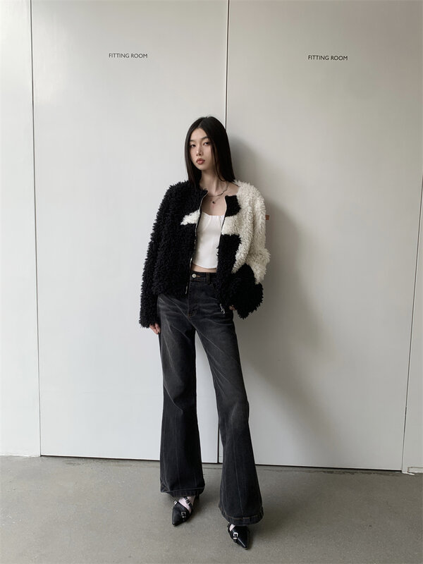 Cheerart-Star Patchwork Casaco de pele para mulheres, jaqueta fuzzy, roupa fofa preta, moda coreana, designer, inverno
