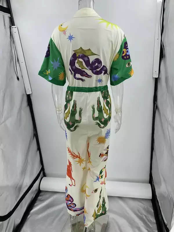 Macacão de algodão estampado feminino, calça casual de cintura alta, estilo de rua, 2024