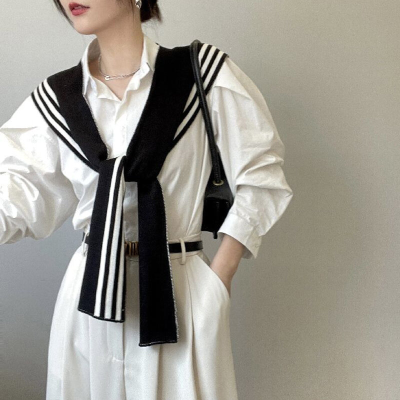 Korean Style Fashion Knitted Shawl Shirt Shoulder Striped Fake Collar Retro Style Scarf Female Accessories