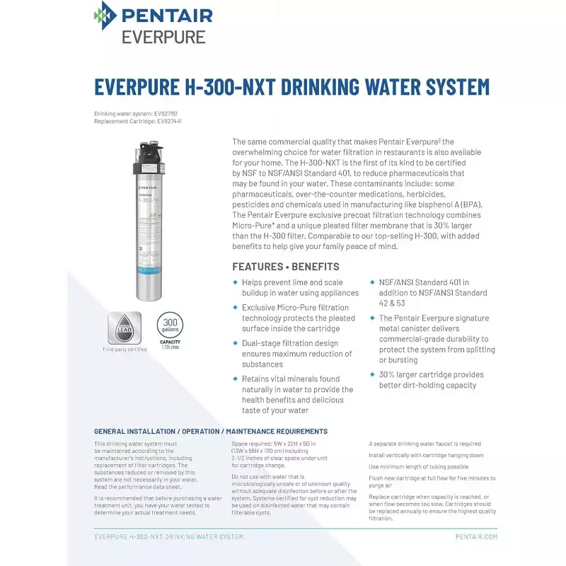 Pentair Everpure H-300-NXT Quick-ChangeCartridge, EV927441, для использования в энергосистемах питьевой воды, 300 Ga
