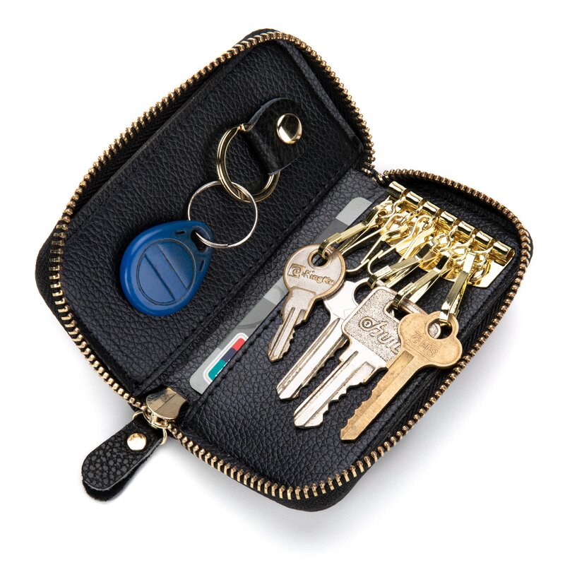 Car Key Case Genuine Leather Car Smart Key Chain Keychain Holder Metal Hook and Key Ring Zipper Bag