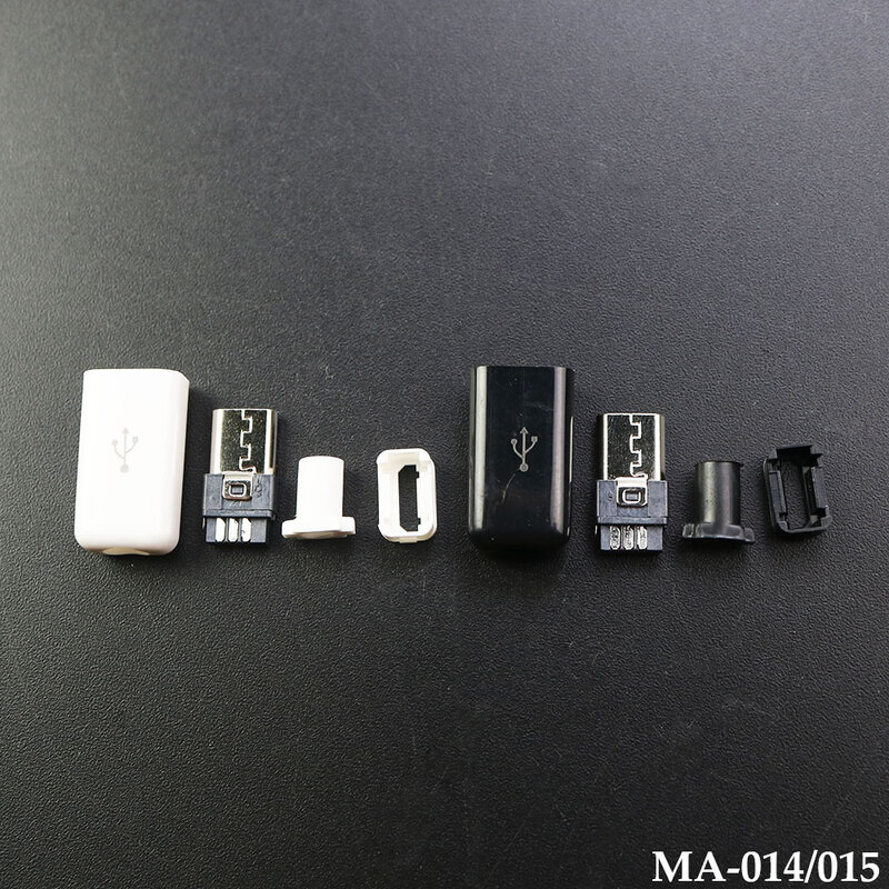 Juego de conectores de enchufe macho tipo soldadura Micro USB 5 pines, cargador 5P, toma de carga trasera USB 4 en 1, blanco y negro