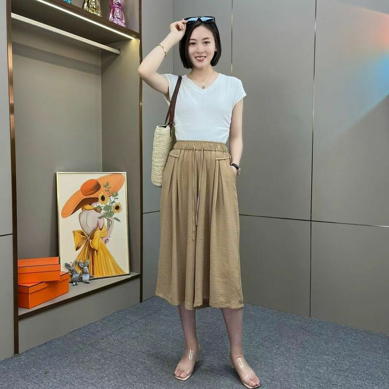 Summer Comfortable Loose Straight Office Lady Elastic Waist Wide Leg Pants Solid 2024 New Calf-Length Fashion Women's Clothing
