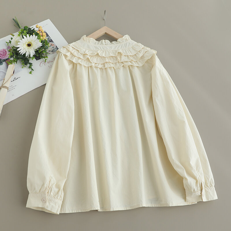 Wiosenna słodka, solidna, marszczona koszula z okrągłym dekoltem, damska koszula z długim rękawem i pojedynczym biustem 823-6
