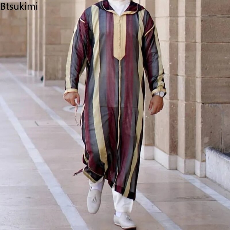 New Muslim Jubba Thobe Clothes Men Hoodie Ramadan Spring Autumn Abaya Dubai Turkey Islamic Clothing Male Casual Loose Red Stripe