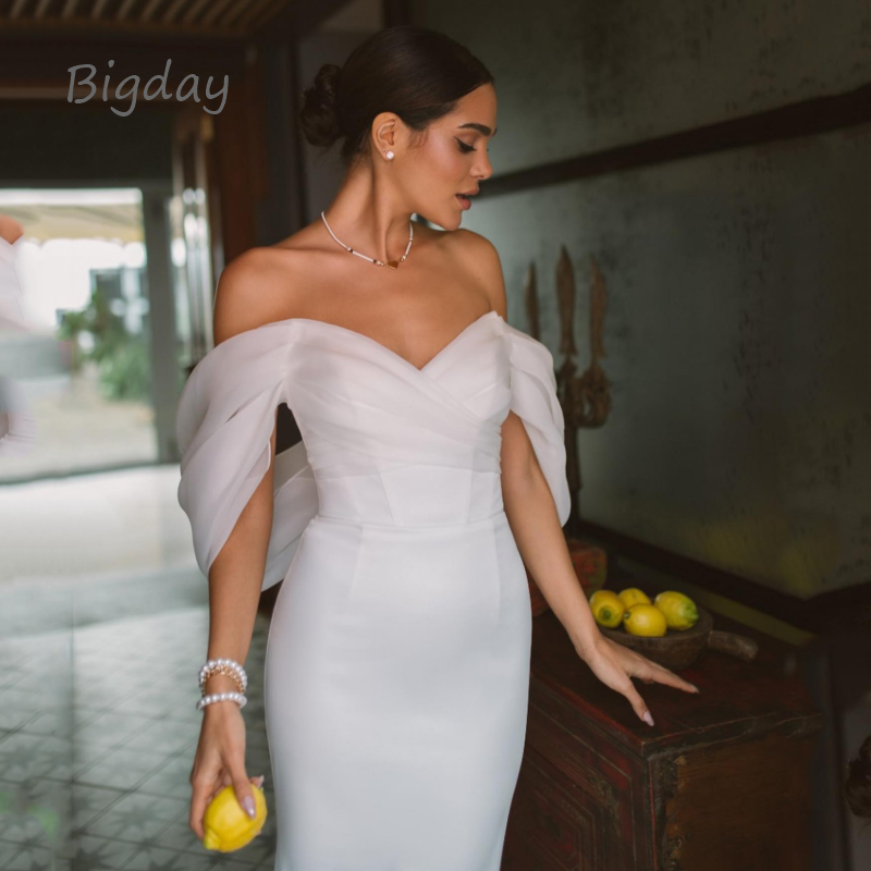 Gaun pengantin putri duyung elegan gaun pengantin Satin punggung terbuka bahu terbuka putih gaun pengantin wanita gaun Kereta Api