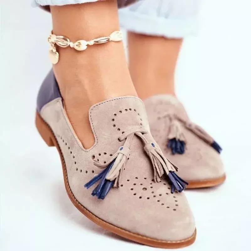 Sepatu pantofel wanita, Kasut kulit domba asli Moccasin ujung lancip, sepatu datar buatan tangan ukir warna cocok bernafas 2023