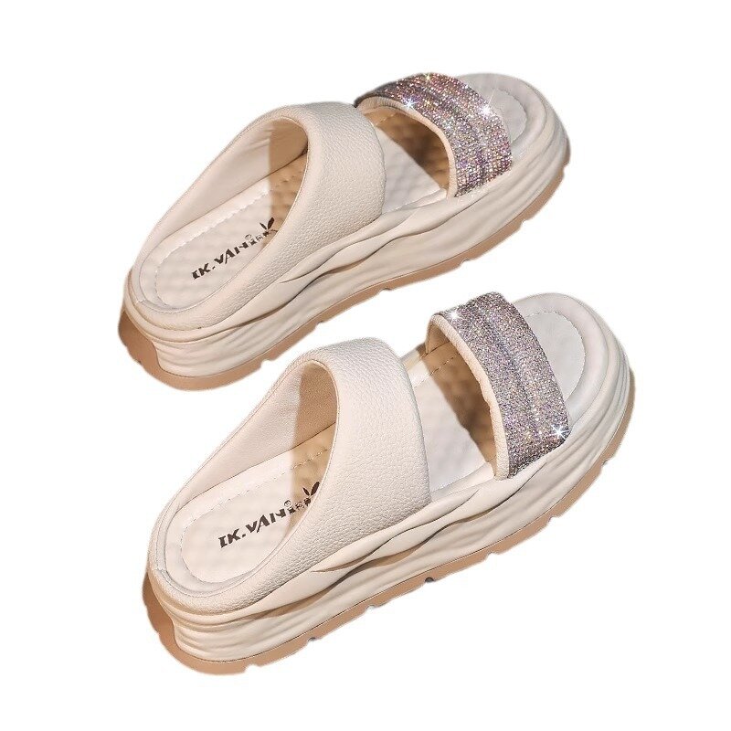Comemore Soft Leather Slipper 2024 Summer New Thick Bottom Slipper Women's Outer Wear Rhinestone Sandal Comfortable Woman Shoes