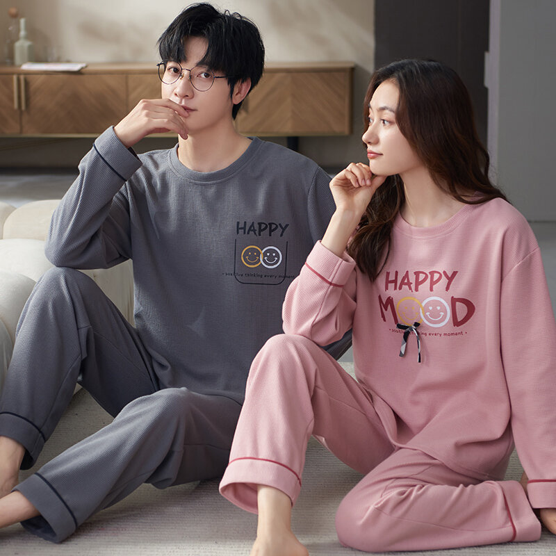 Newest Couple Pajamas Set Spring Knited Cotton Long Sleeve Sleepwear Men & Women Nightwear Cute Cartoon Loungewear