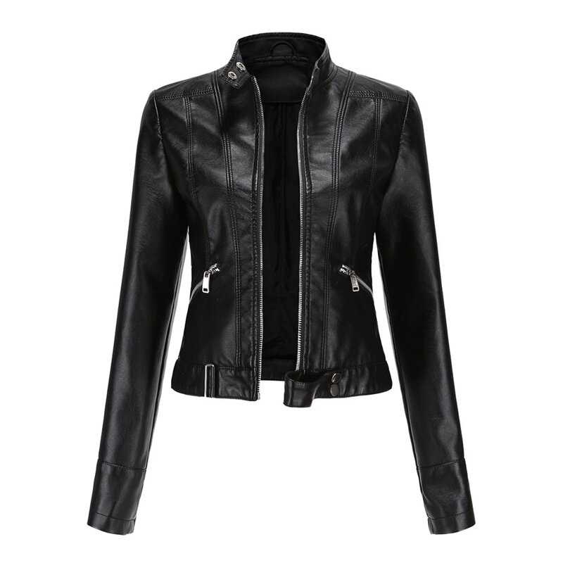 European Size Women's Leather Jacket Slim Fit Jacket Thin Spring Tie Straps Jacket Women's Motorcycle Suit Large Standing Collar