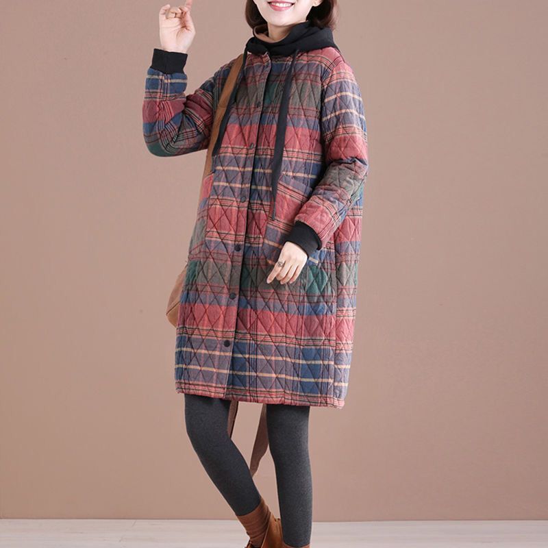 Winter Women Vintage Parkas Plaid Button Cotton Coats Hooded Pockets 2021 New Warm Female Clothes Korean Style Parkas Coats 2XL