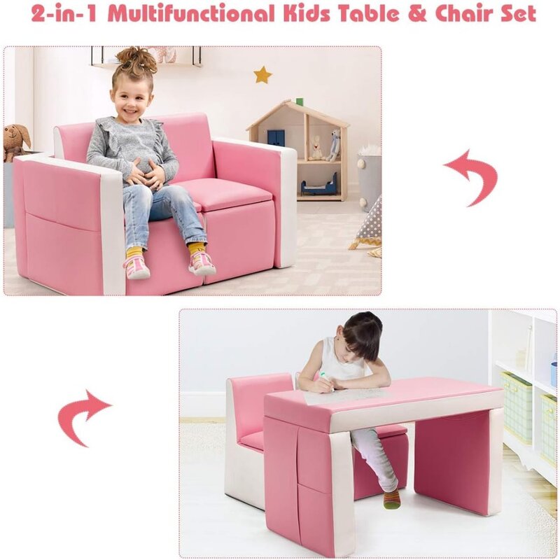 Детский диван, 2-в-1 диван-трансформер на два места с отделением для хранения, детский шезлонг из ПВХ кожи, розовый и белый