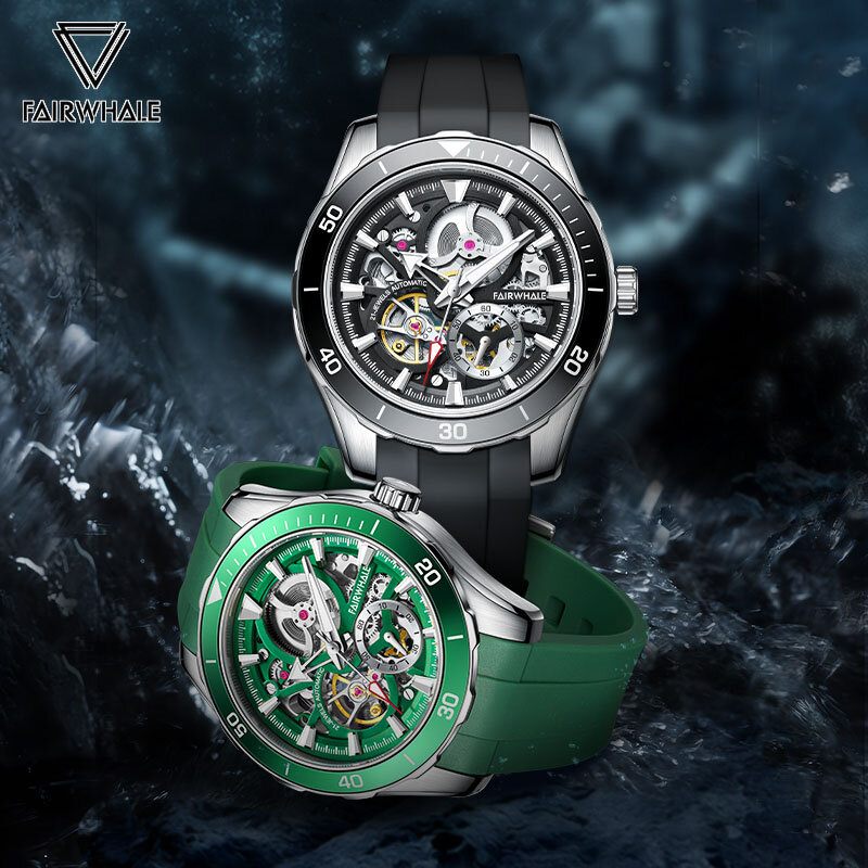 Luksusowy szkielet automatyczny męski zegarek na co dzień zegarki mechaniczne z tourbillonem dla mężczyzn ze stali nierdzewnej zielony świecący reloj wodoodporny