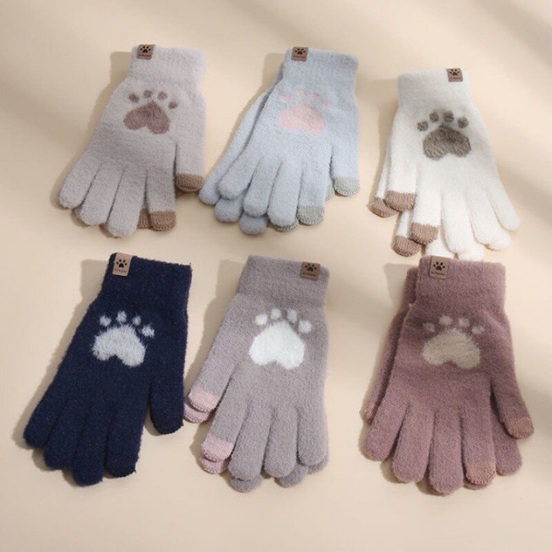 Modne rękawice z nadrukiem łapa kota ekran dotykowy do telefonu rękawiczki z dzianiny zimowe grube i ciepłe rękawiczki dla dorosłych miękkie puszyste dla kobiet