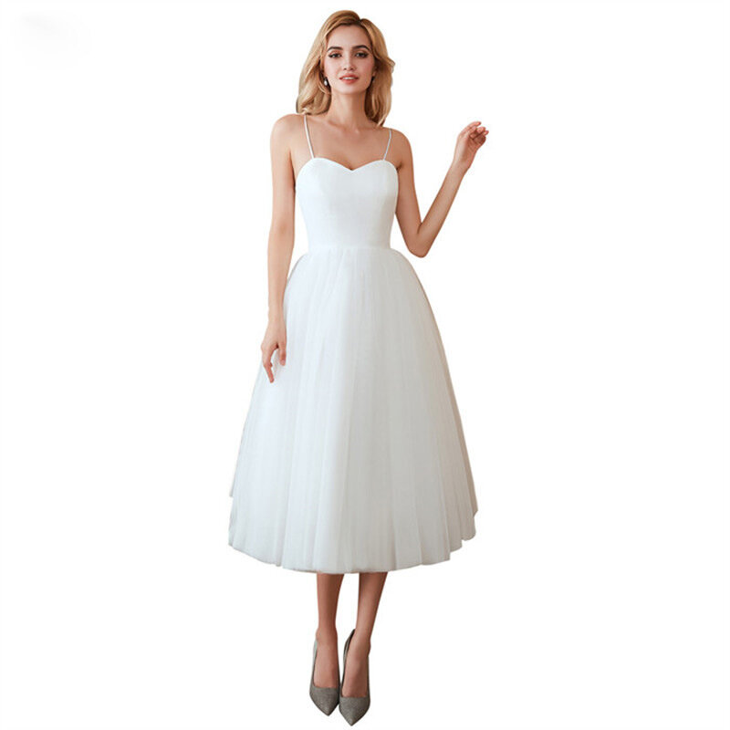Gaun pernikahan Tulle Fashion 2024 tali spageti seksi sederhana sukienna Na Wesele baru pendek Backless Vestido De Noiva buatan khusus