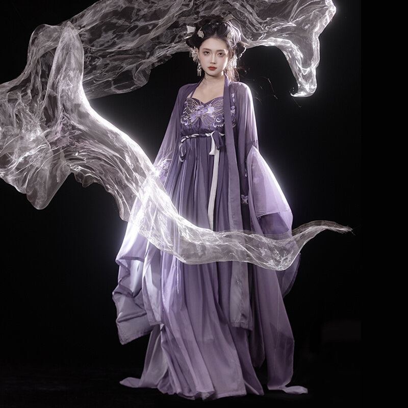 Gaun wanita, Hanfu klasik Cina, ungu peri mengalir lengan besar