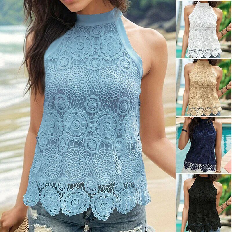 2024 New Summer Sweet Loose Casual High Waist Women's Clothing Sexy Lace Solid Color Halter Sleeveless Off the Shoulder Y2K Tops