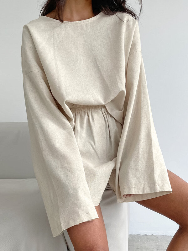 Hiloc Fashion Linen Shorts Pajamas Sets For Women 2 Pieces Summer O-Neck Long Sleeve Loose Tops Casual Wide Leg Shorts Sleepwear