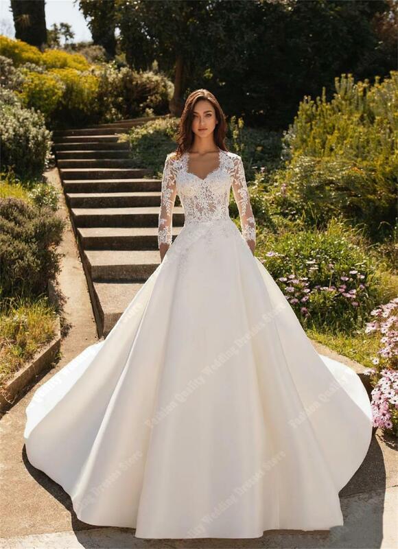 2024 nowy product satynowe wykończenie suknie ślubne spersonalizowane damskie suknie ślubne z dekoltem w szpic długość księżniczki dekolt Vestidos De Novia