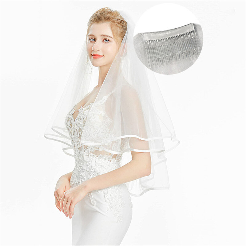 طرحة زفاف بسيطة بطبقتين ، أبيض عاجي ، تول قصير ، حجاب زفاف بربطة عنق ، إكسسوارات زفاف ، خصومات محدودة